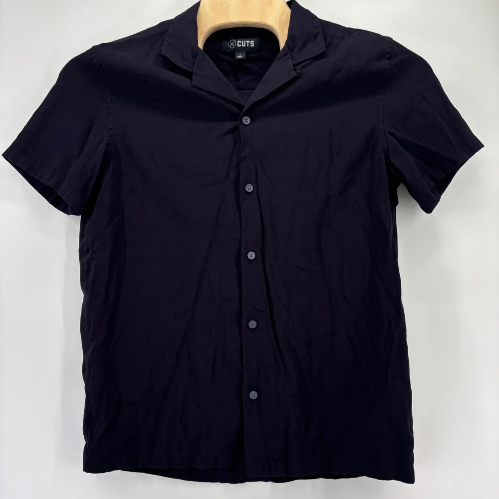 Cuts Hyperloop Shirt Mens Large Black Short Sleeve Camp Collar Rayon Button Down